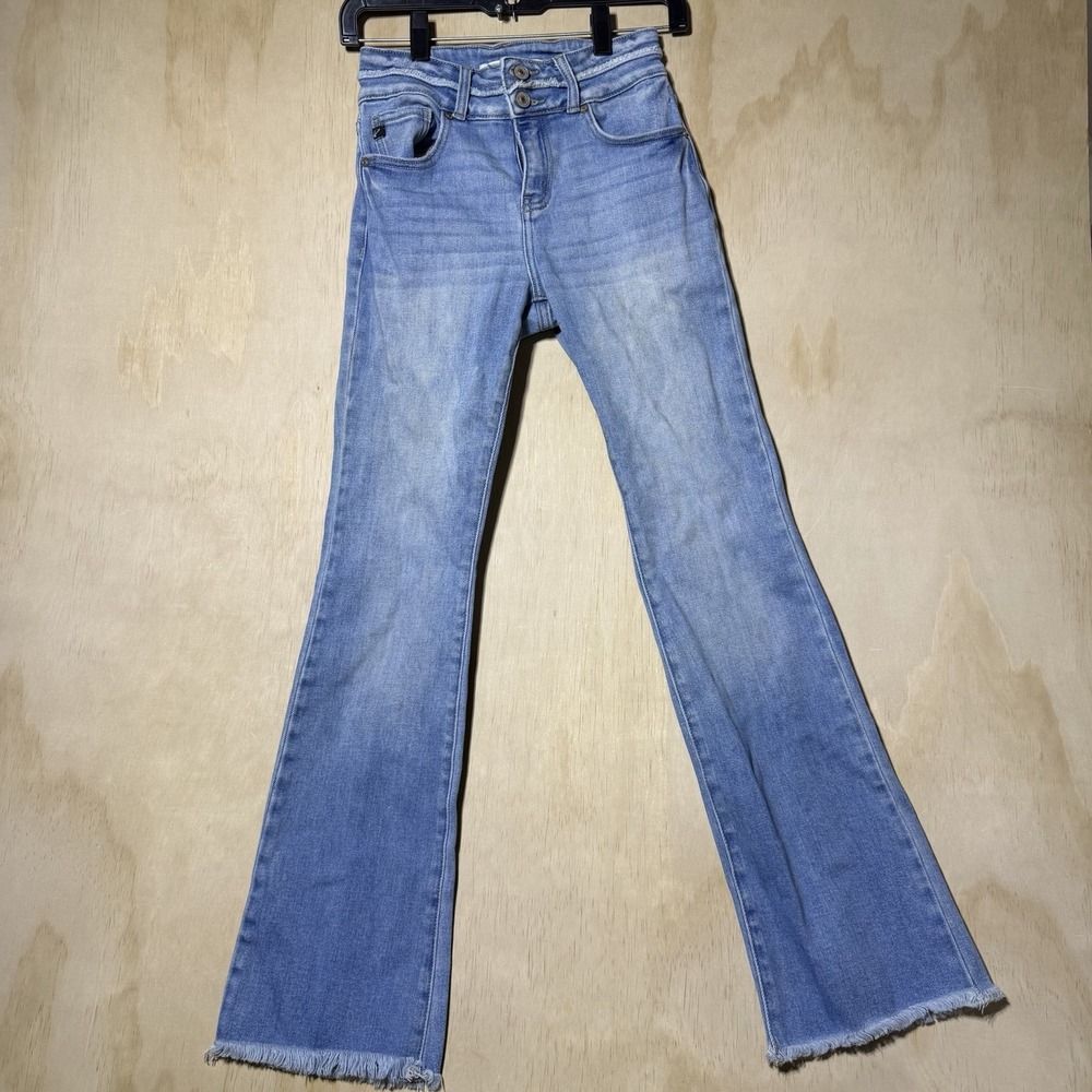 KanCan Maurices Women Size 24 Light Wash Flare Jeans Raw Hem Stretch Blue Denim